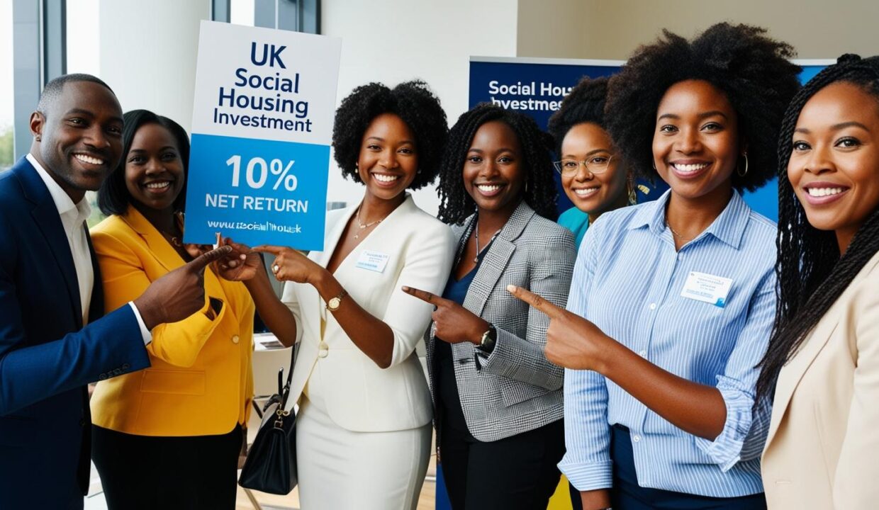 Social Housing Investment UK – 10% NET Returns black staff point to placard